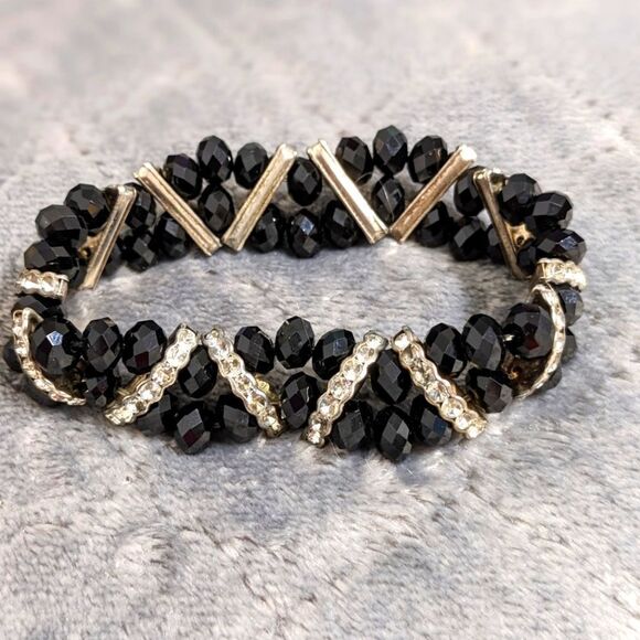 Vintage Black Crystal Bead Stretchy Bracelet with Rhinestone Accents - Picture 11 of 16